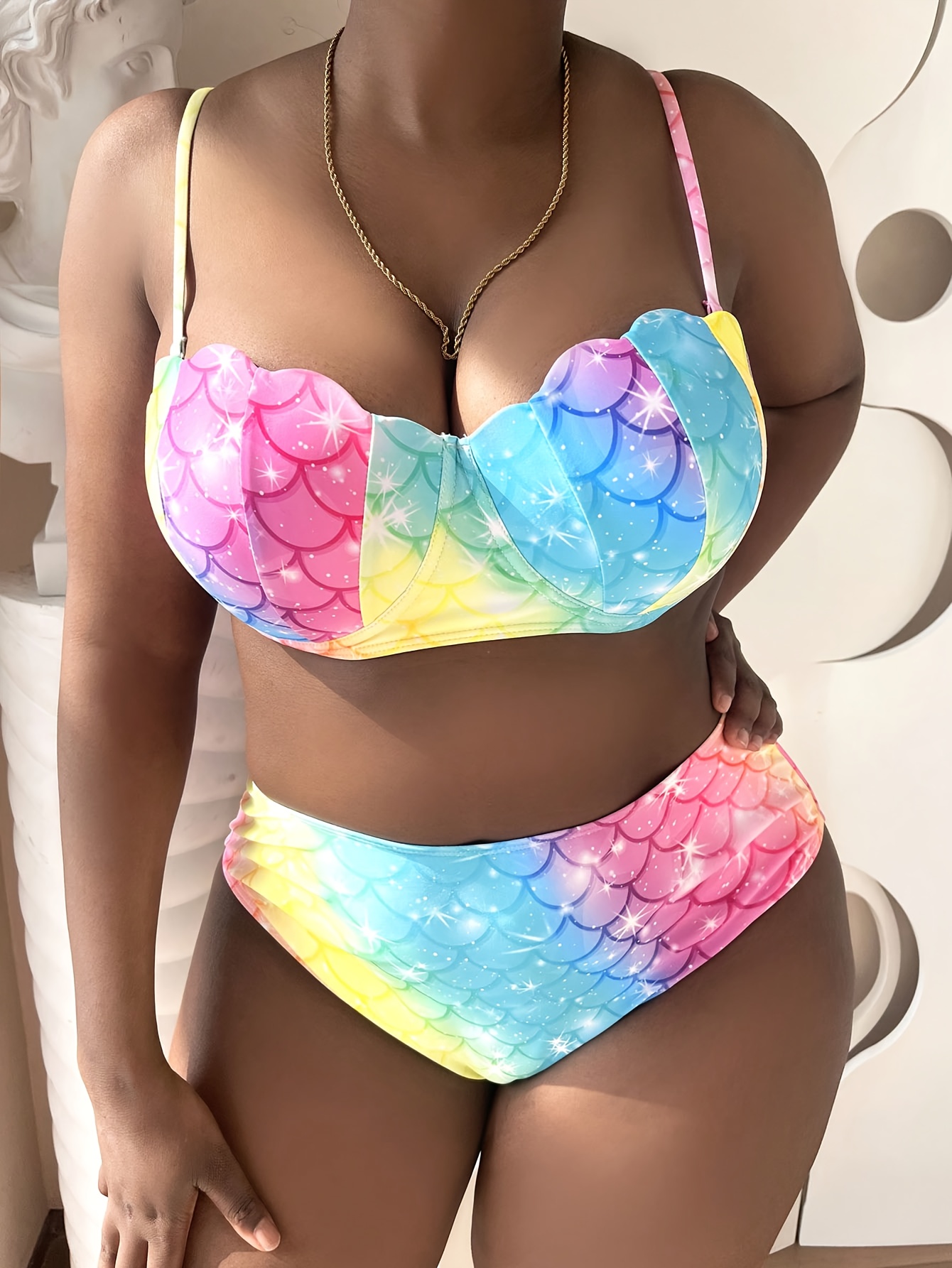 Plus Size Cute Mermaid Costume Bikini Set, Women's Colorful Fish Scale  Print Scallop Trim Shell Shaped Bra & Panty With Wrap Skirt Swimsuit 2  Piece Se