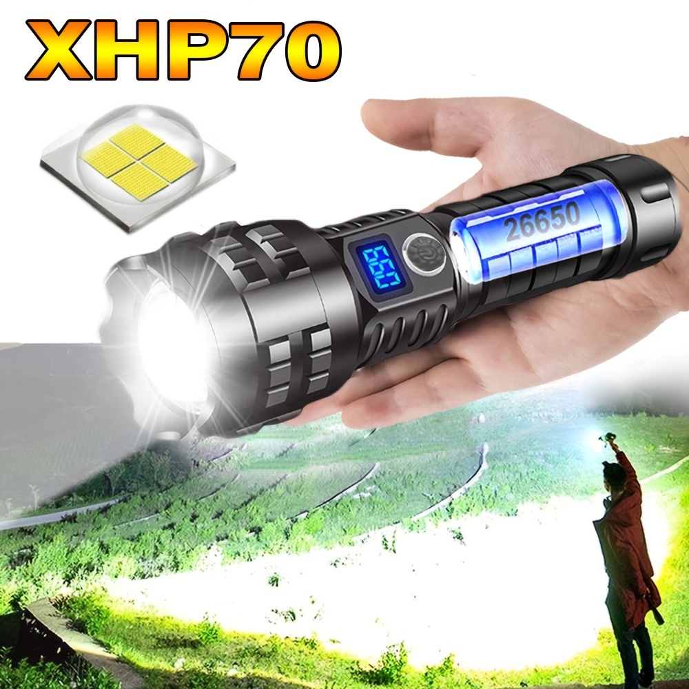 1pc Linterna LED XHP70 Con Pantalla De Batería, Súper Brillante Recargable  De Alta Lúmenes, Linterna Táctica, Potente Luz De Caza, Luz De Emergencia P