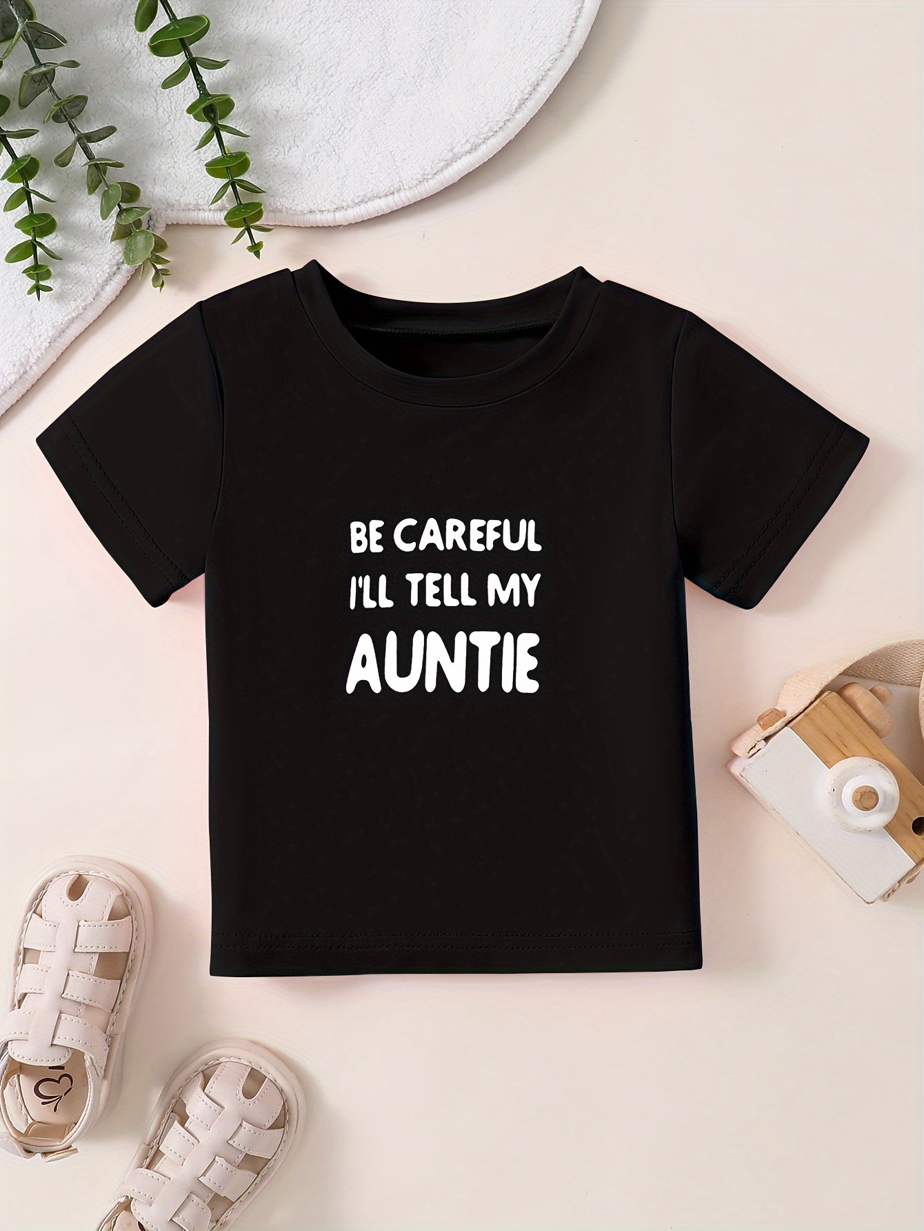 [Home Relaxation] Boys' 'Be Careful I'll My Auntie' Funny Cotton T-Shirt  Casual Crew Neck, Short Sleeve, Black with White Lettering, Soft Com