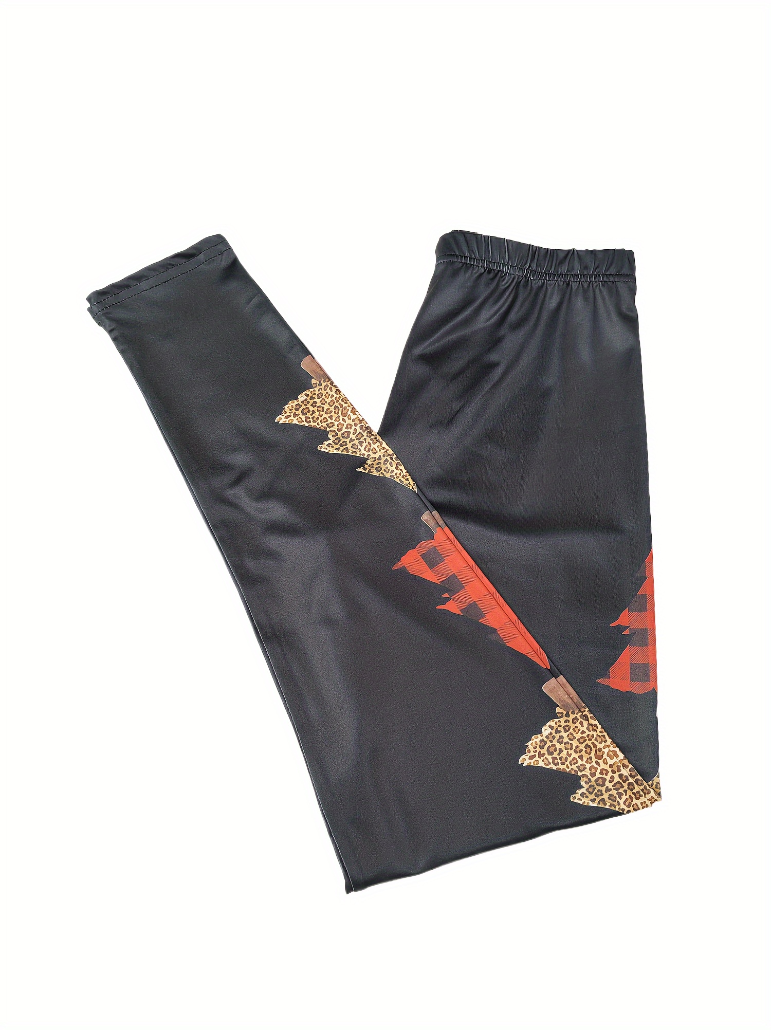 Leopard Christmas Tree Print Leggings, Casual High Waist Skinny Leggings,  Women's Clothing