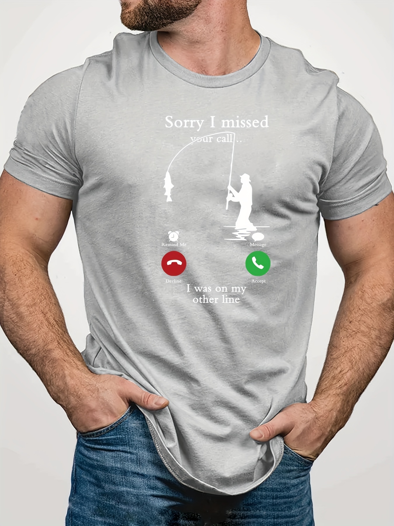 Funny Fishing Man Missed Call Pattern Print Men's T-shirt, Graphic Tee  Men's Summer Clothes, Men's Outfits