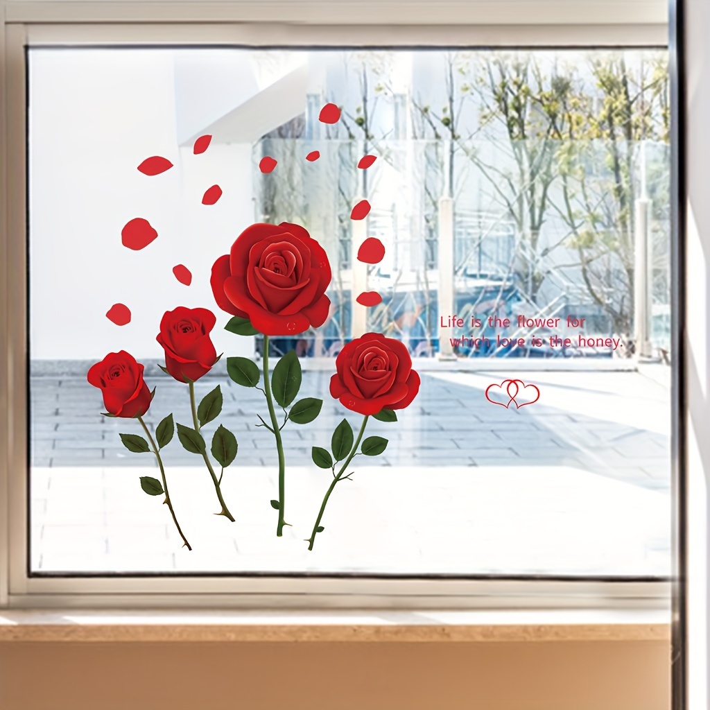 Romantic Red Rose Wall Decals Removable Pvc Floral Stickers For