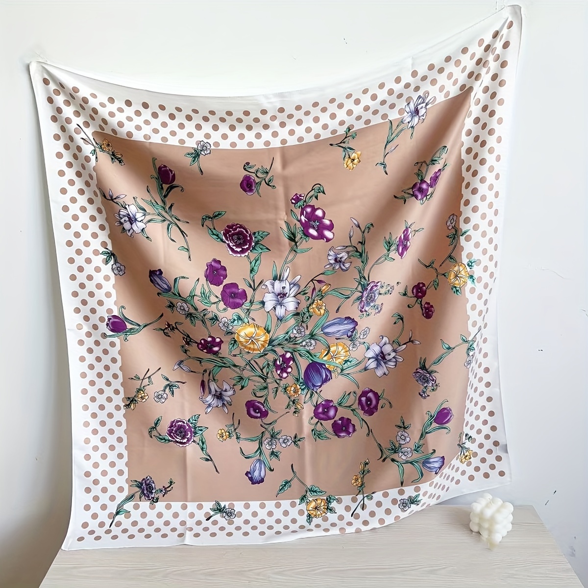 Polka Dot Flower Print Shawl Boho Twill Silk Square Scarf Vintage Neckerchief