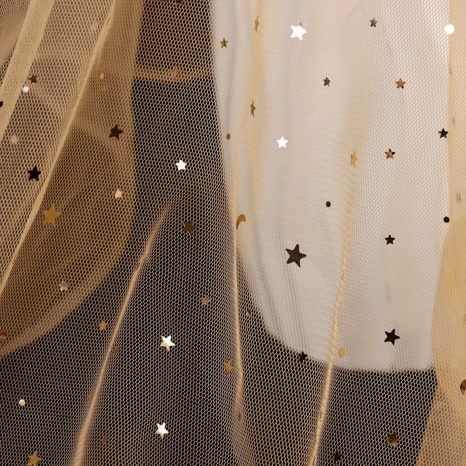 SHAYUAN 54 x 8 Yards Gold Glitter Tulle Fabric Rolls Golden Stars and Moon Sequin Soft Tulle Ribbon for Dress Tutu Skirt DIY Crafts Sheer Wedding