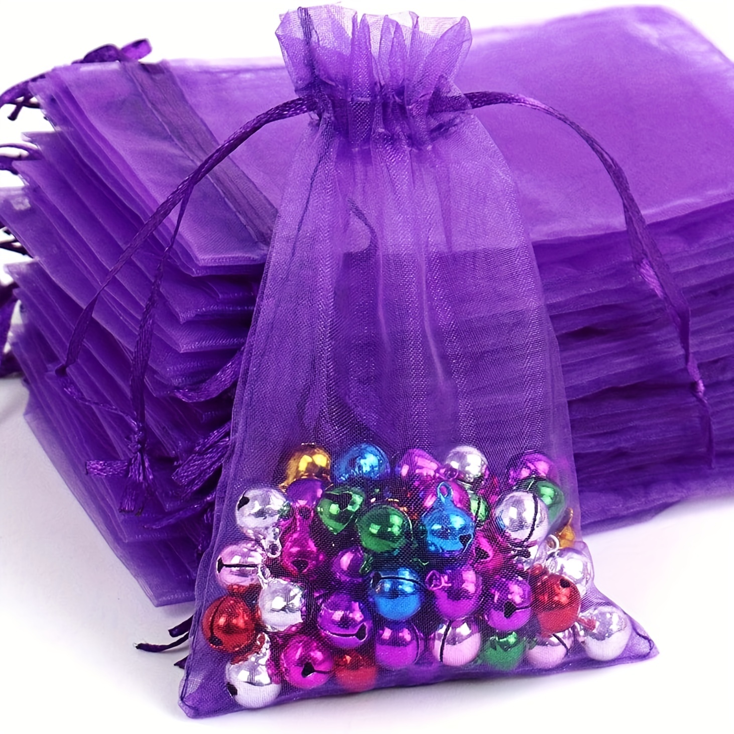

50pcs Purple Organza Gift Bags - 3.15in X 3.94in - Small Mesh Drawstring Bags For Christmas Gifts And More