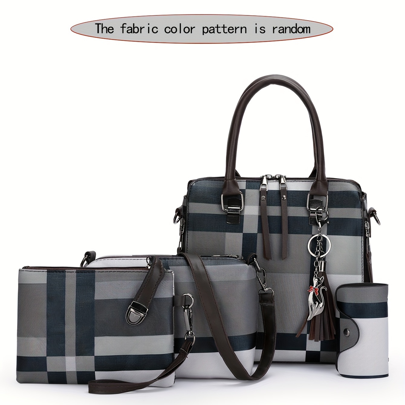 Luxury PU Handbag Grid Contrast Color Bag 4 Pcs Casual One Shoulder Messenger Bag