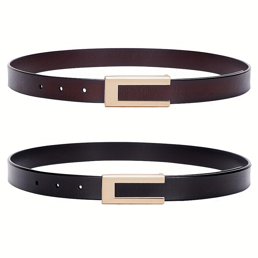 Golden Buckle Thin Belt Vintage Monochrome Genuine Leather - Temu