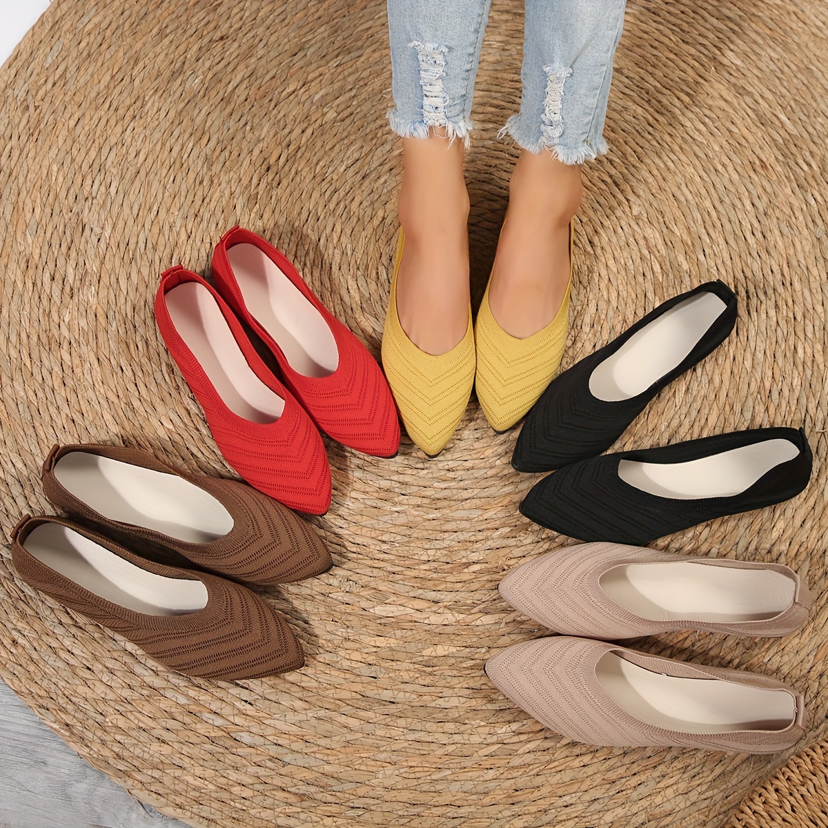 

Women's Pointed Toe Flat Shoes, Solid Color Knitted Slip On Shoes, Casual Breathable Ballet Flats