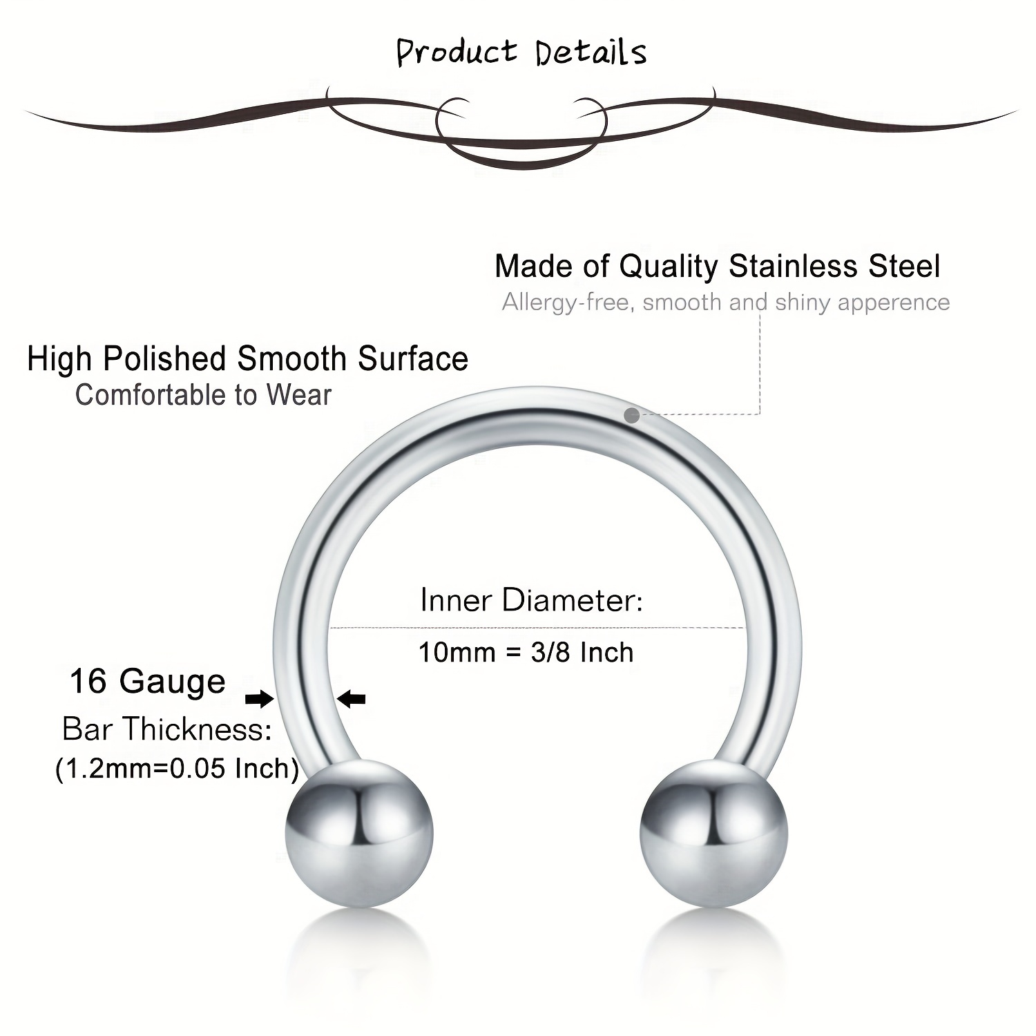 Stainless steel piercing - simple horse-shoe with glossy balls, width 4 mm