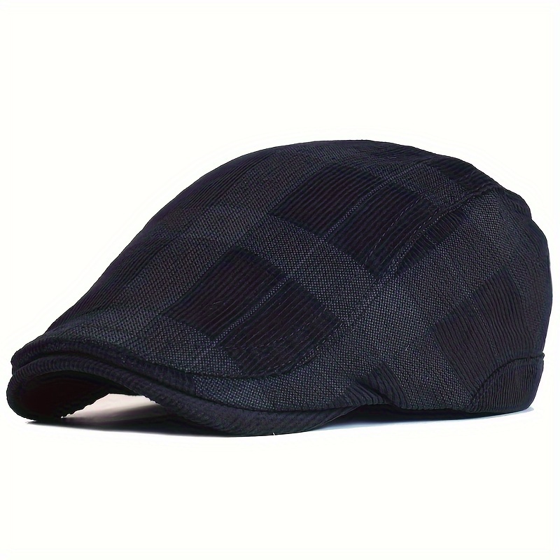 Image of Vintage Plaid Cotton Beret Cap For - Soft Corduroy News Hat, Retro Winter Hat With Geometric Pattern, Dark Checkered Design, Hand Wash Or