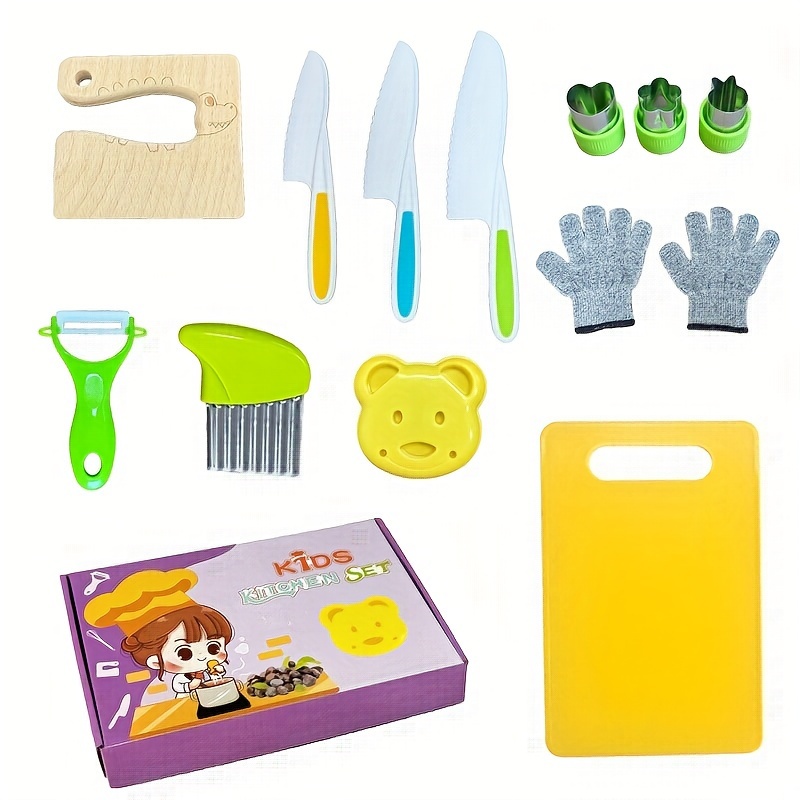  Montessori - Cuchillos infantiles para cocina real, juego de 13  cuchillos de cocina de madera para niños, incluye 4 bordes dentados,  cuchillo de plástico para niños pequeños, cortador arrugado y 