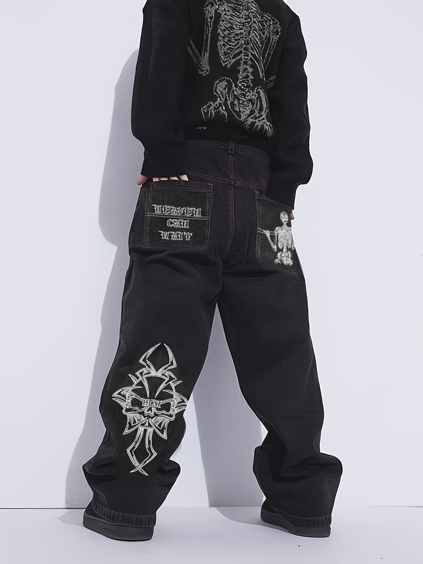 High Street Solid Color Patchwork Skulls Embroidery Casual Denim Pants Men  And Women Elastic Waist Baggy Jeans Trousers