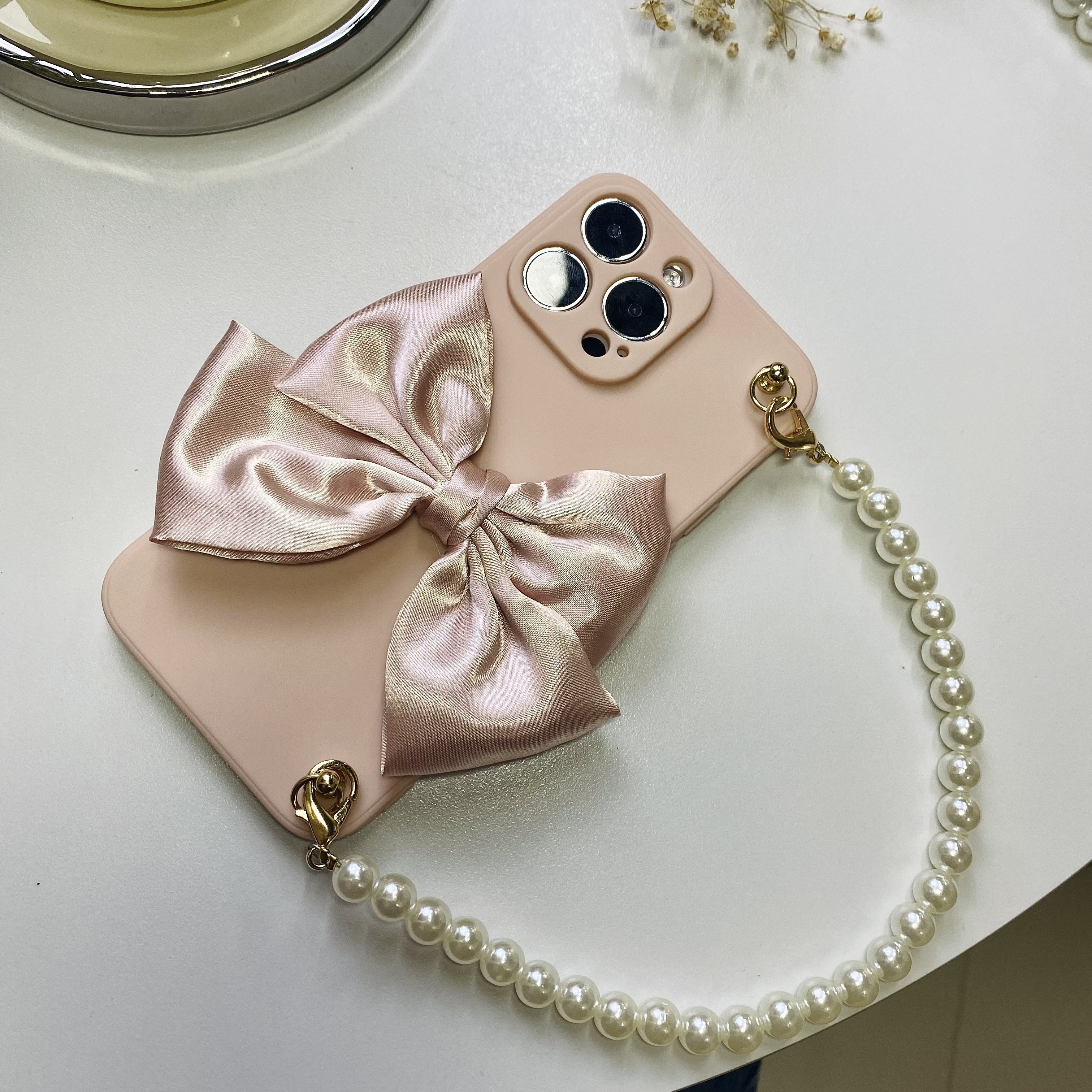 

Suitable For 14/15 Pearl Pink Bow Shoulder Bag Chain Girl Pink Phone Case