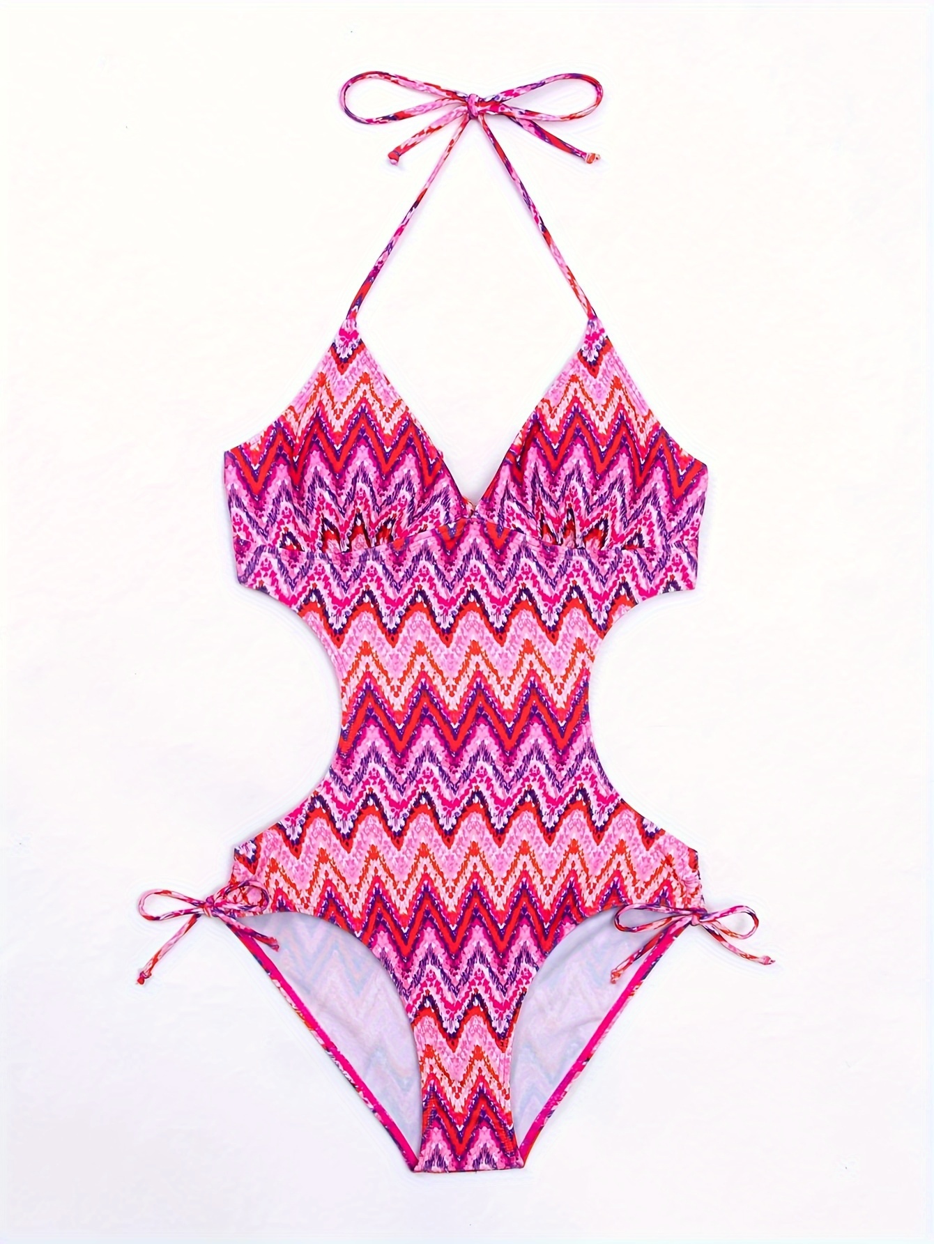Zigzag Print Cut Halter Swimsuit Drawstring Tie - Temu