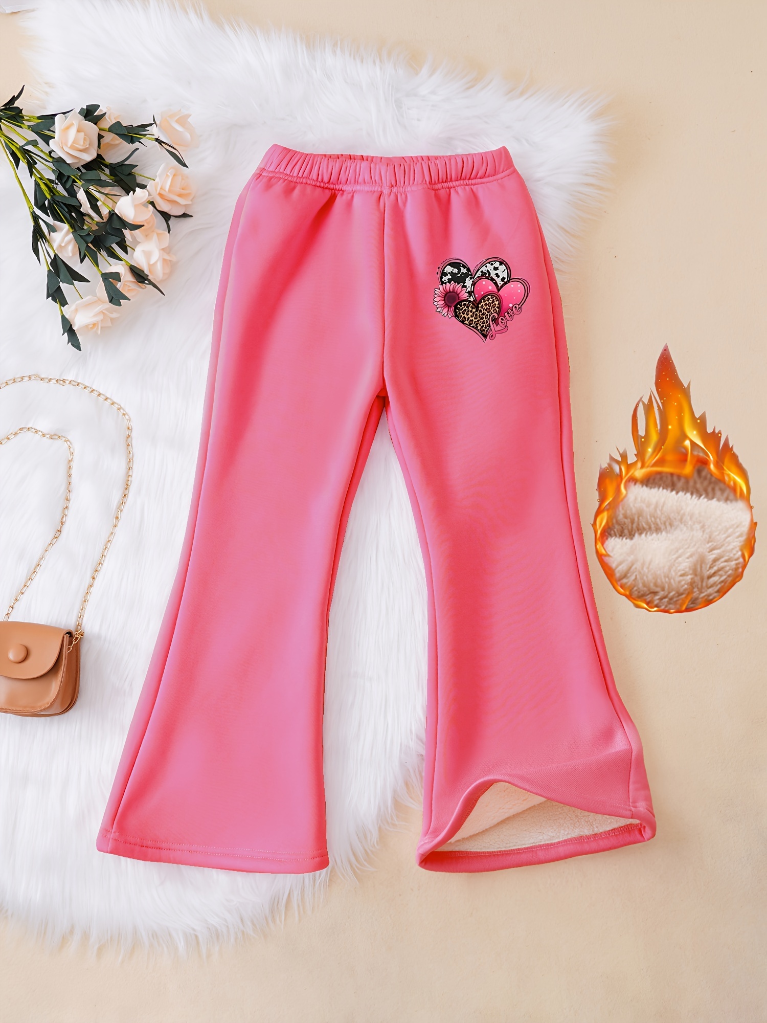 Cute Hearts Print Girls' Thermal Line Flared Trousers Elastic Waist Winter  Warm Casual Trousers