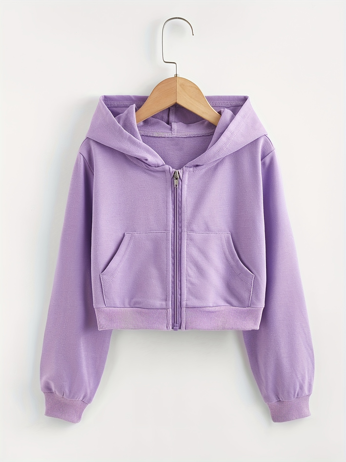Girls Solid Short Length Hooded Zip Sweatshirt - Temu
