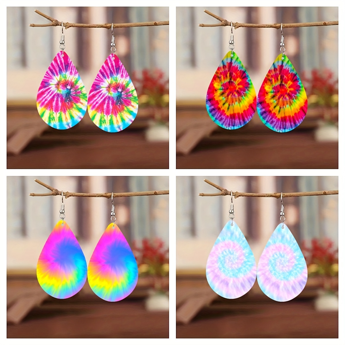 Multicolor Psychedelic Waterdrop Shape Wooden Earrings Tie-dye Swirl  Pattern Retro Dangle Jewelry For Girls Sweet Christmas Birthday Gifts  Holiday Gift