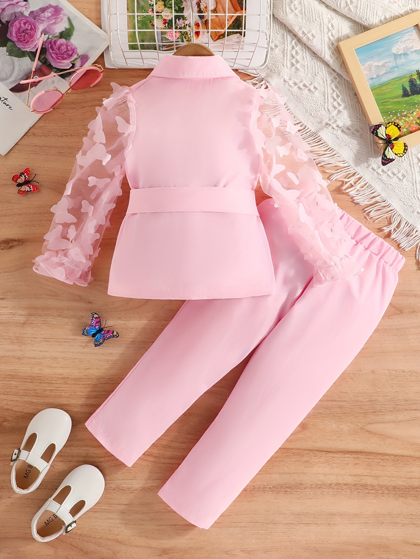 2pcs Girls' Butterfly Blazer and Solid Color Pants Set