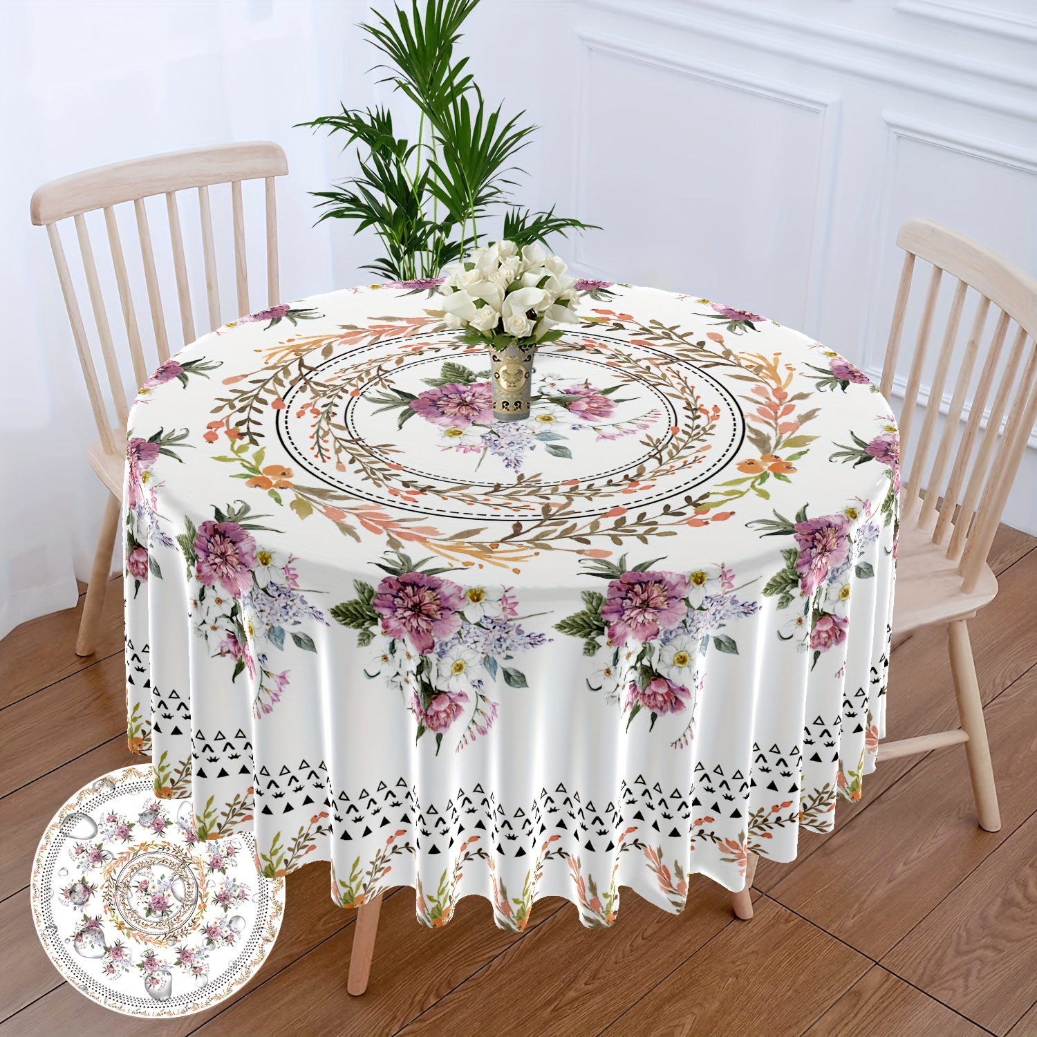 

1pc, Round Table Cloth, Bright Large Flower Pattern Circular Table Cover, Elegant Plant Pattern Dining Table Cover, Multi-purpose Towel, Backyard Barbecue Picnic Mat, Vintage Tablecloth, Room Decor
