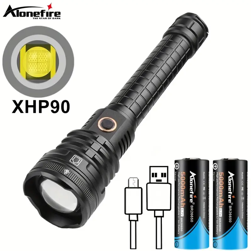 Alonefire 1pc Super Bright Xhp90 Led Flashlight Zoomable Usb Rechargeable  Torch Ideal For Camping Hunting Fishing Climbing And More Includes 26650  Batteries | Save More With Clearance Deals | Temu