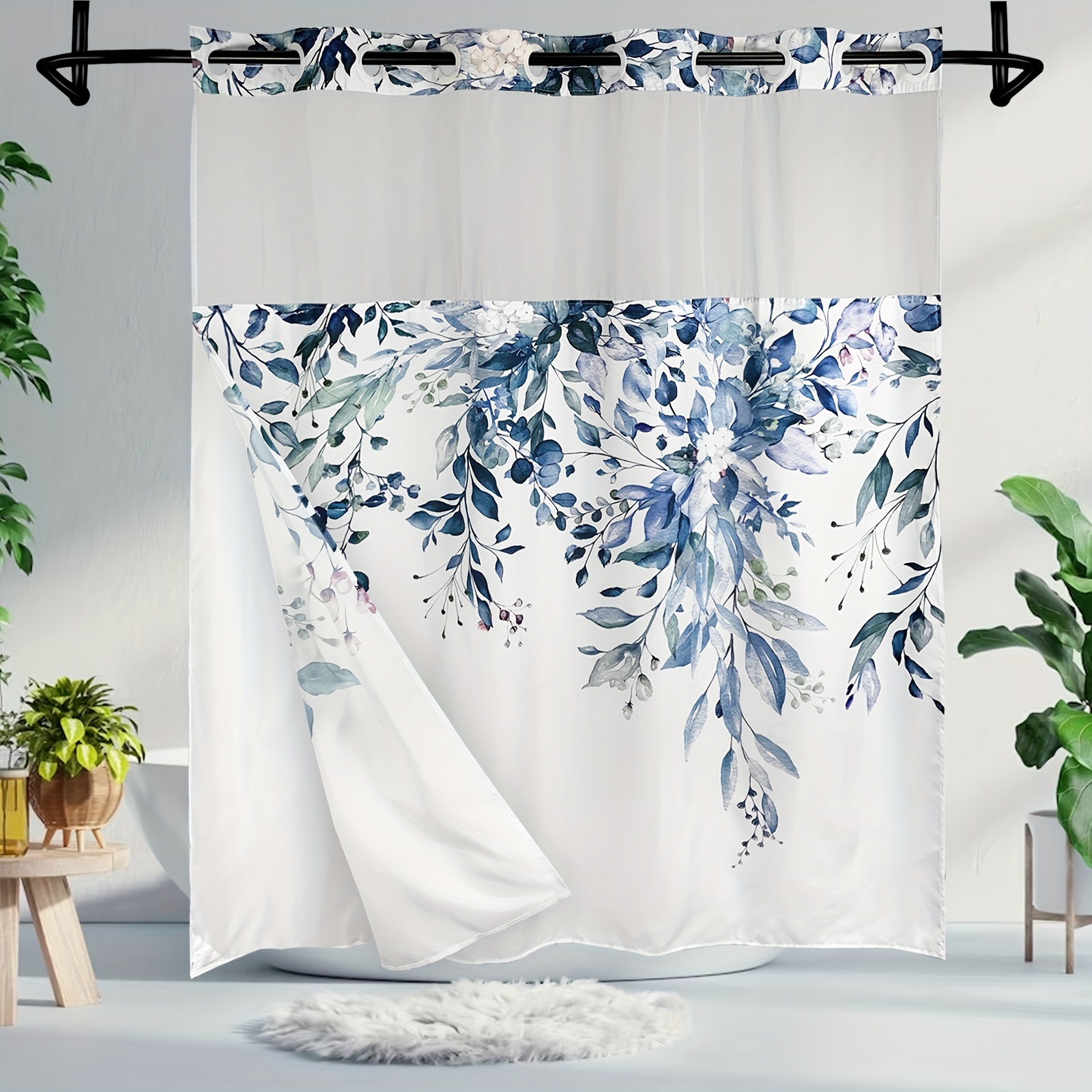 WITHLOC No Hook Shower Curtain with Snap in Liner - Watercolor Floral  Shower Curtain - Fabric Waterproof Inner Liner, Plants Blue Beige Flowers  White