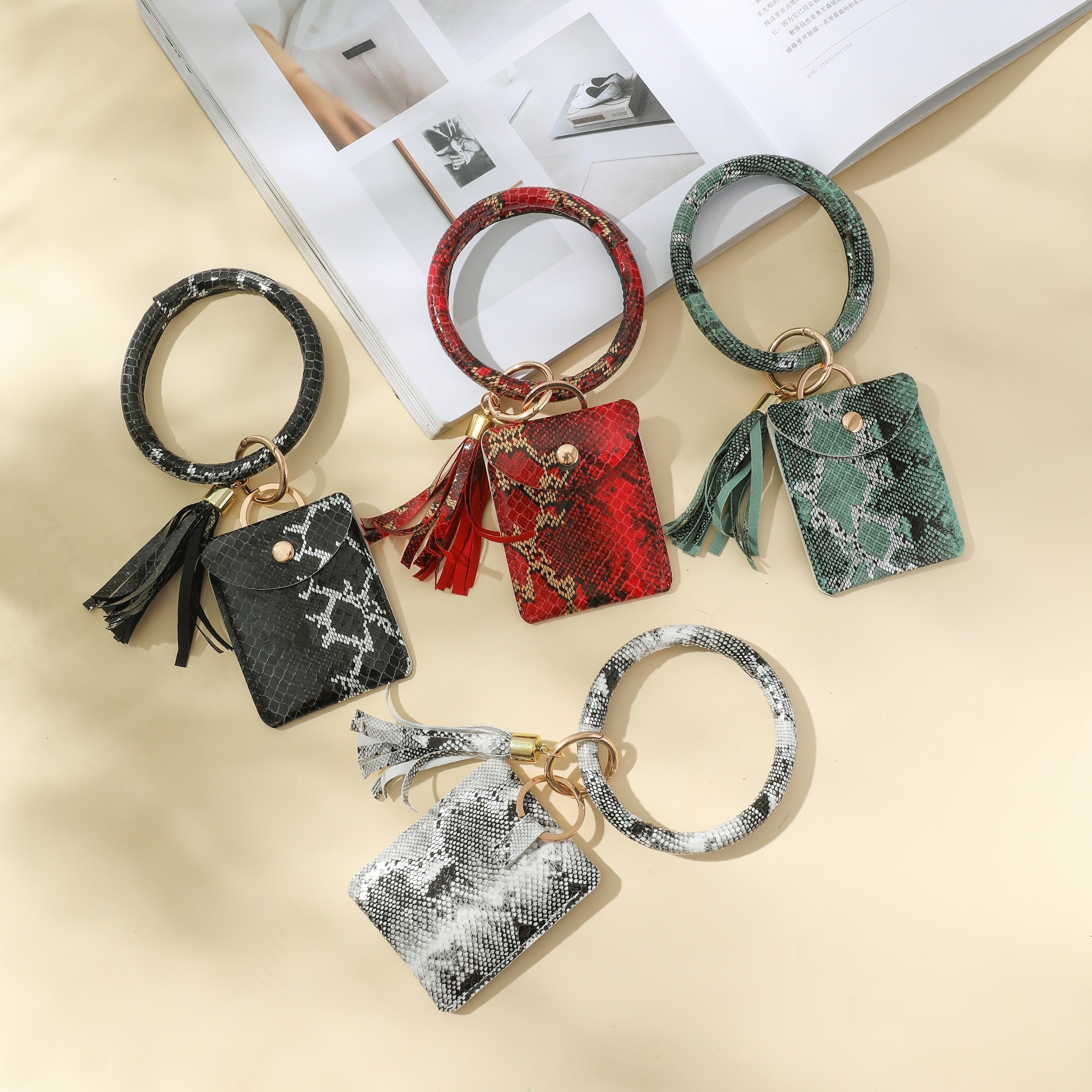 Hot Fashion Bangle Wallets Wristlet Keychain ID Card Holder Bracelet Key  Ring Tassel Snake Skin Pattern