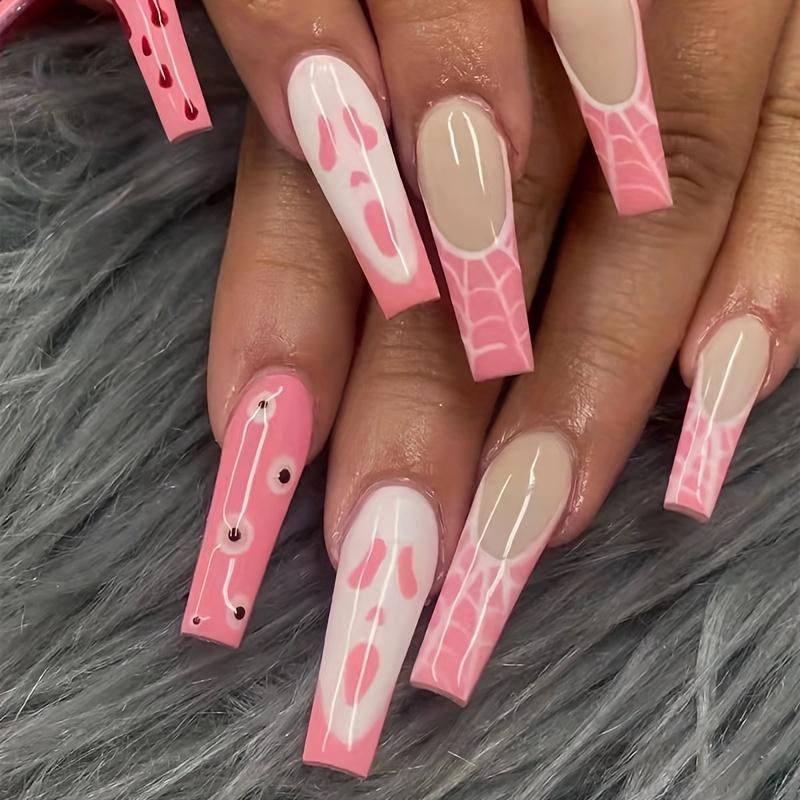 24 Pcs Extra Long Press on Nails Pink Coffin Fake Nail Lollipop, Lips, Bow  Designs False Nails Glossy Acrylic Nails Glue on Nails Reusable Artificial