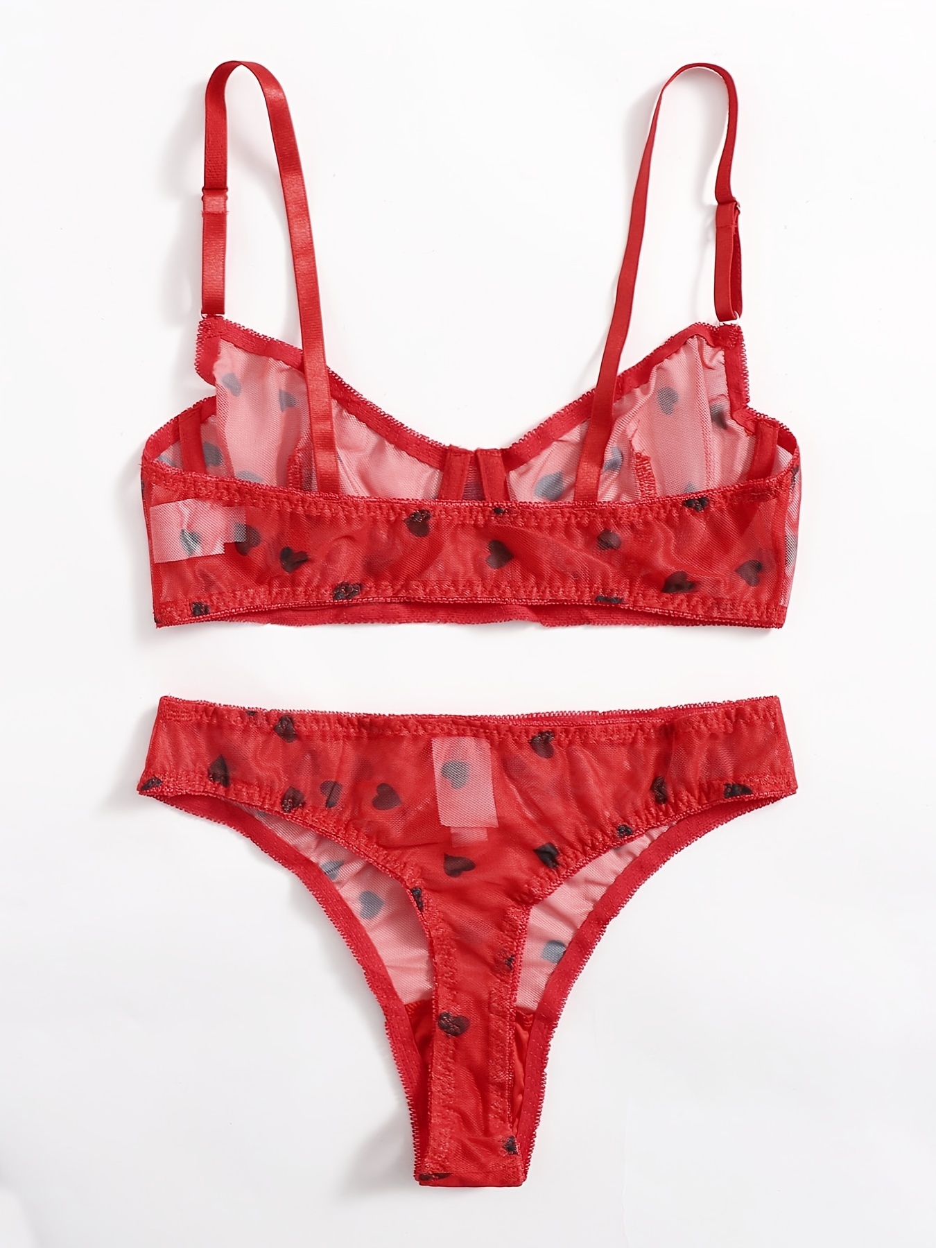 Sexy Mesh Lingerie Set, See Through Heart Print Bra & Sheer G-String,  Women's Lingerie & Underwear