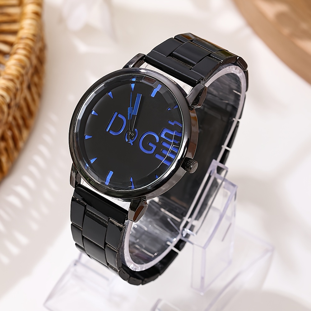 Mens Black Stainless Steel Quartz Watch, Fashion Classic Calendar Wristwatch