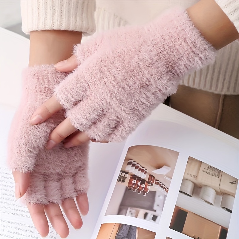 Solid Color Half-Finger Elastic Winter Gloves, Fashion Writing Gloves, Ladies Windproof Casual Warm Gloves,Temu