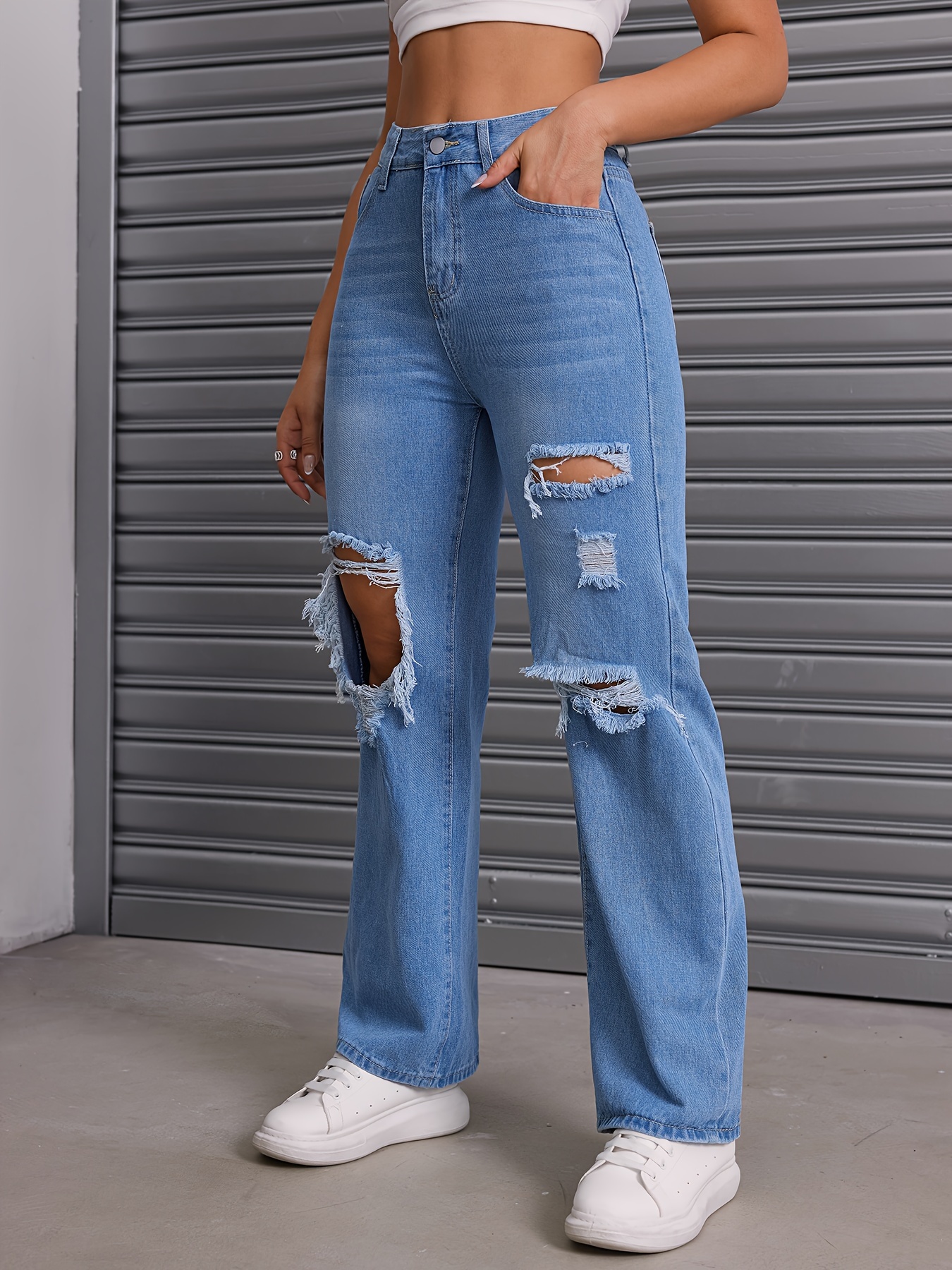 Ripped Straight Leg Loose Fit Jeans, High Rise Wide Legs Distressed Denim  Pants, Women's Denim Jeans & Clothing