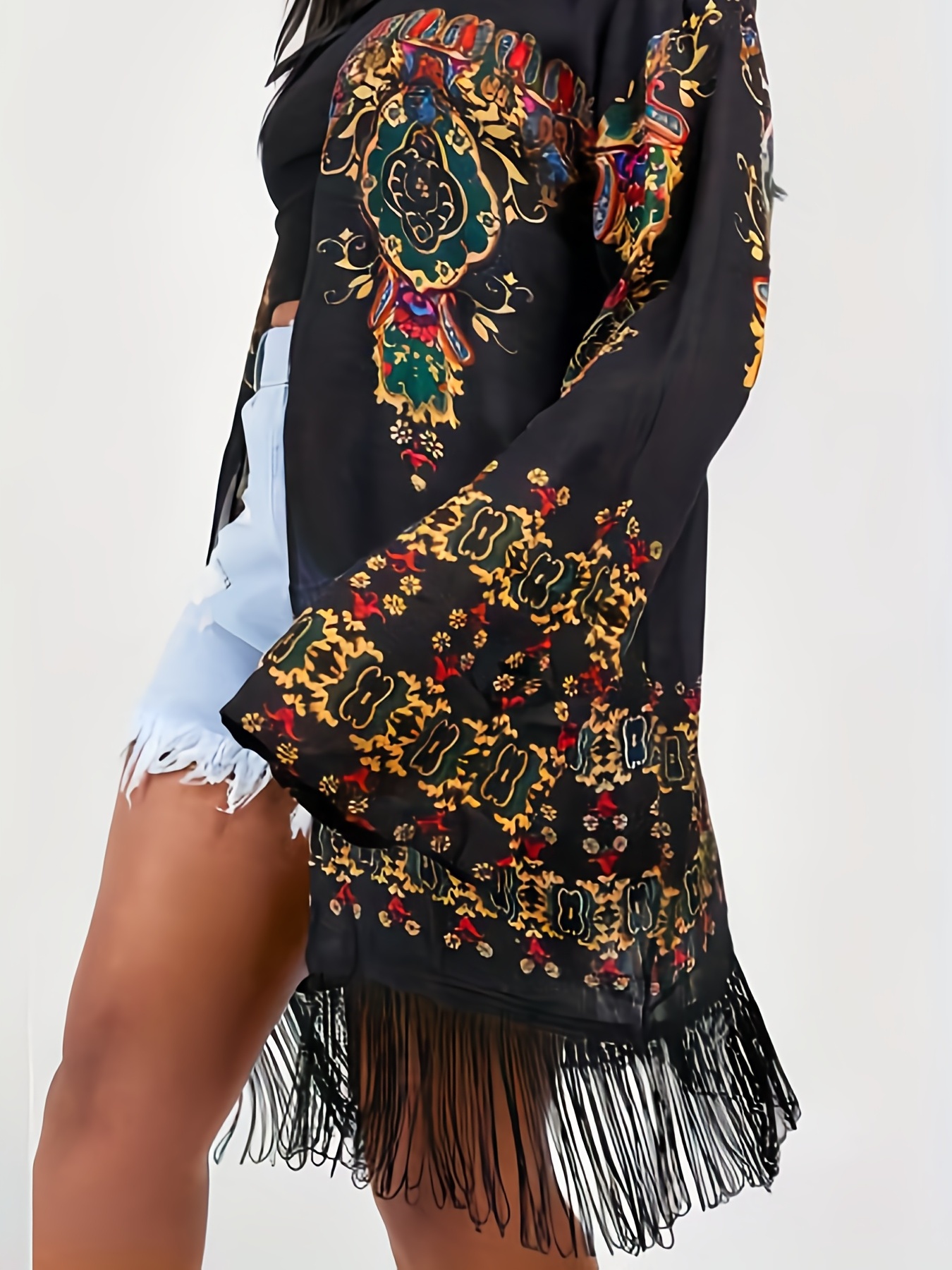 Boho Floral Print Fringe Trim Cardigan