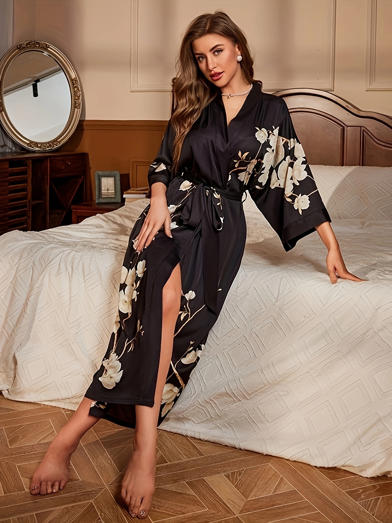 Bata larga de satén floral para mujer, tallas grandes, batas largas de seda  de pavo real, kimonos florales para dormir, bata de dormir