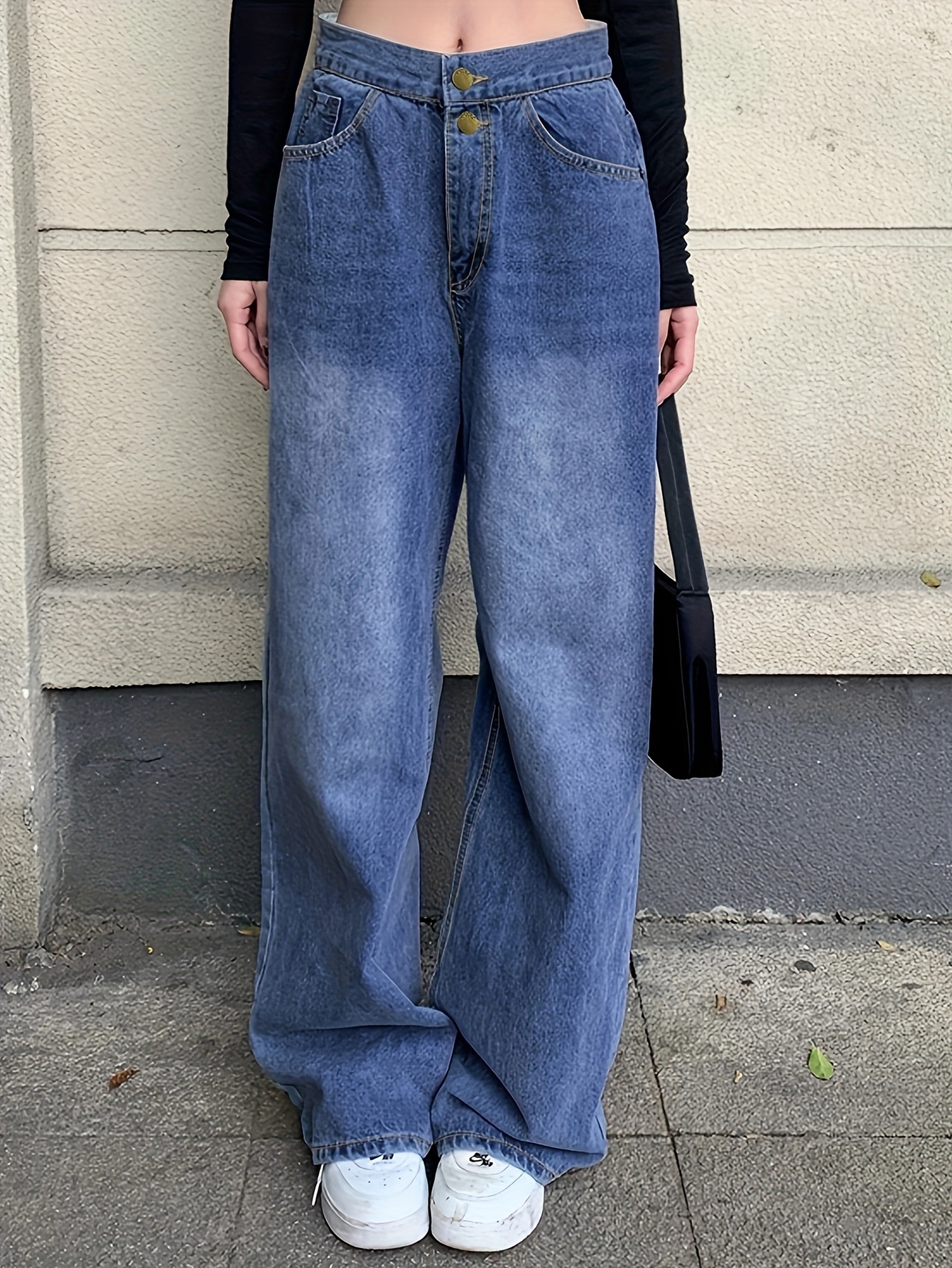 Blue Flipped Waist Design Straight Jeans Loose Fit Double - Temu