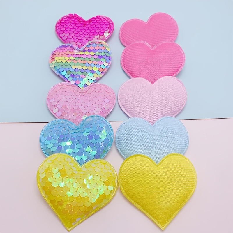 10pcs Embroiderd Big Pink Heart Patches Iron On Sequined Patch Glittle  Stickers DIY Fabric Appliques