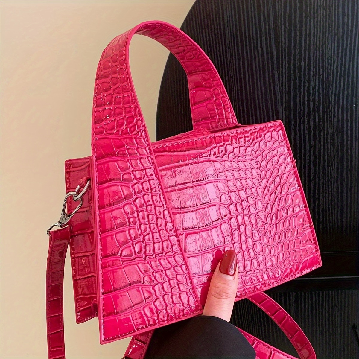 Elegant Crocodile Pattern Satchel Bag, Classic Solid Color