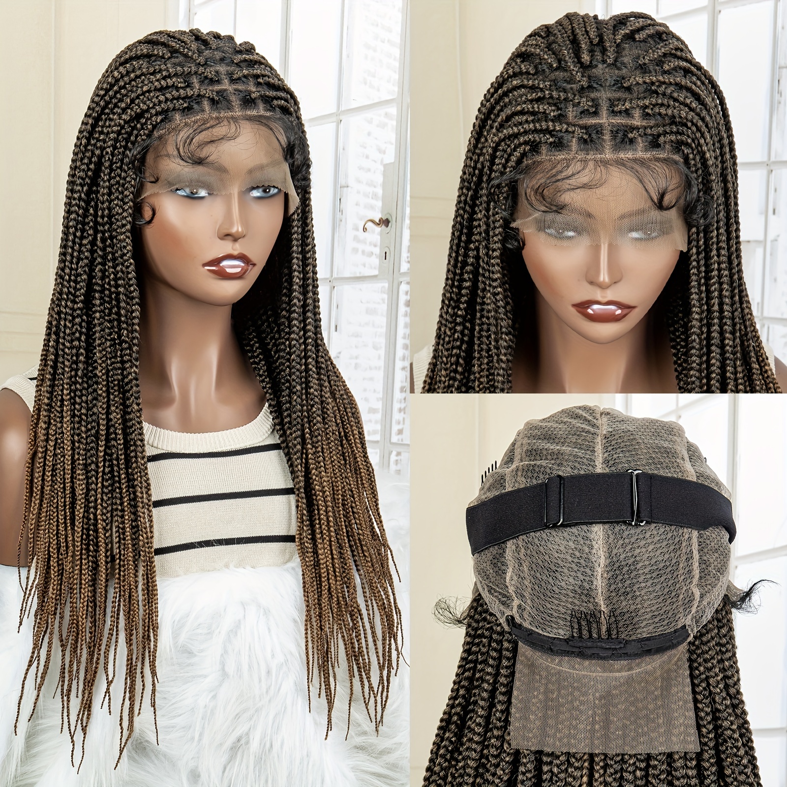 Ombre Brown Full Lace Braided Wigs Synthetic Box Braided Wigs For Women  Synthetic Twist Braids Wigs With Baby Hair