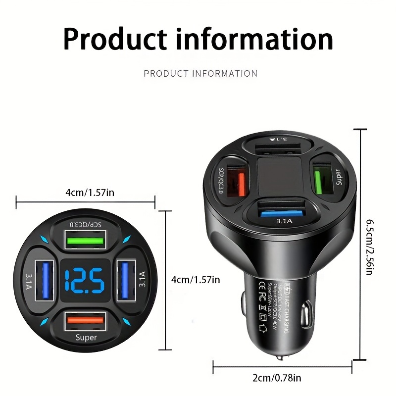 66W Car Fast Charger Quick Charge Cigarette Lighter Adapter 4-Port