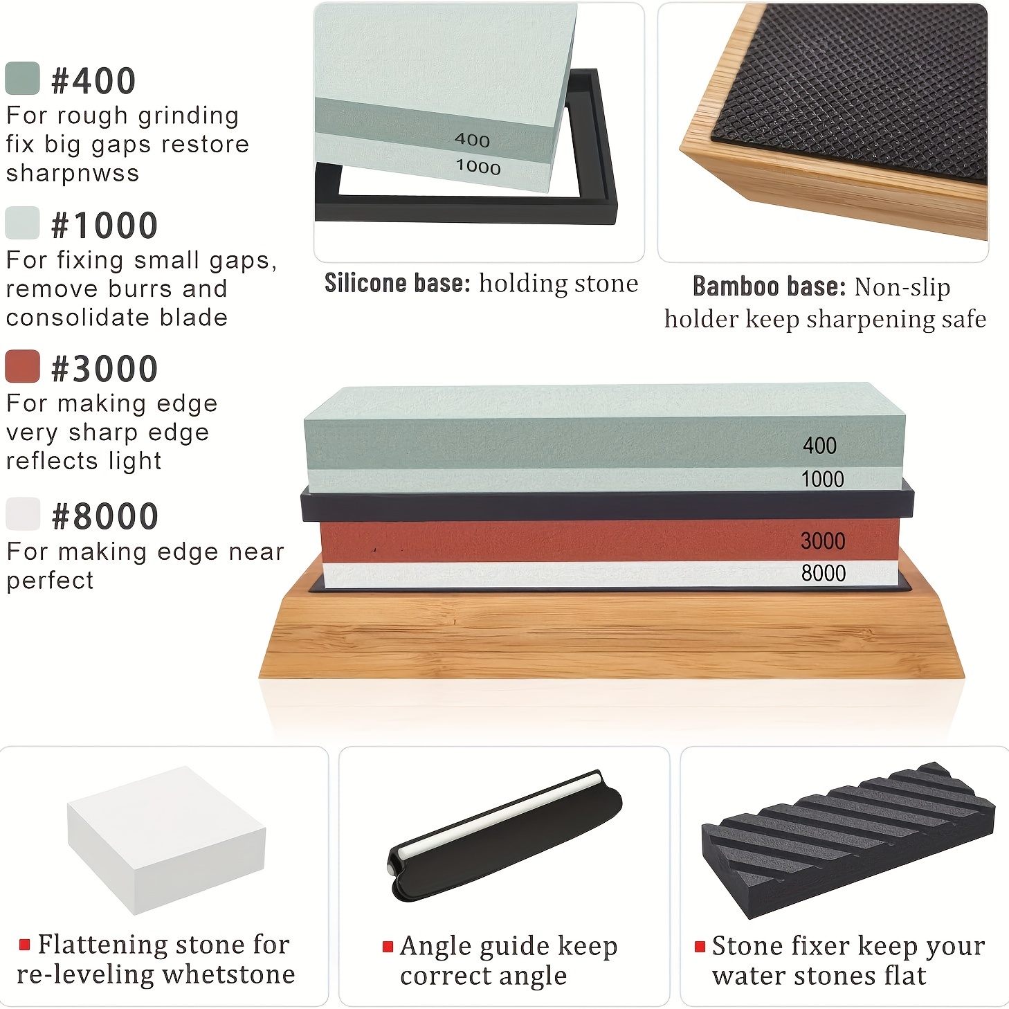 Sharp Pebble Extra Large Sharpening Stones Set - Grits 400/1000/6000 - With  NonSlip Bamboo Base, Flattening Stone and Angle Guide