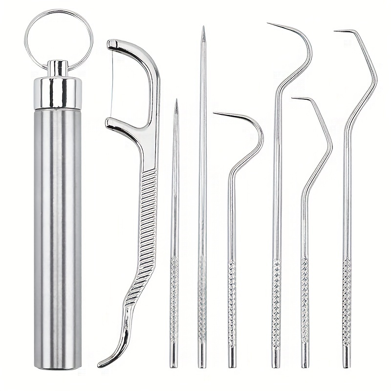 7pcs Stainless Steel Toothpick Dental Floss Oral Teeth Care Cleaning Tool