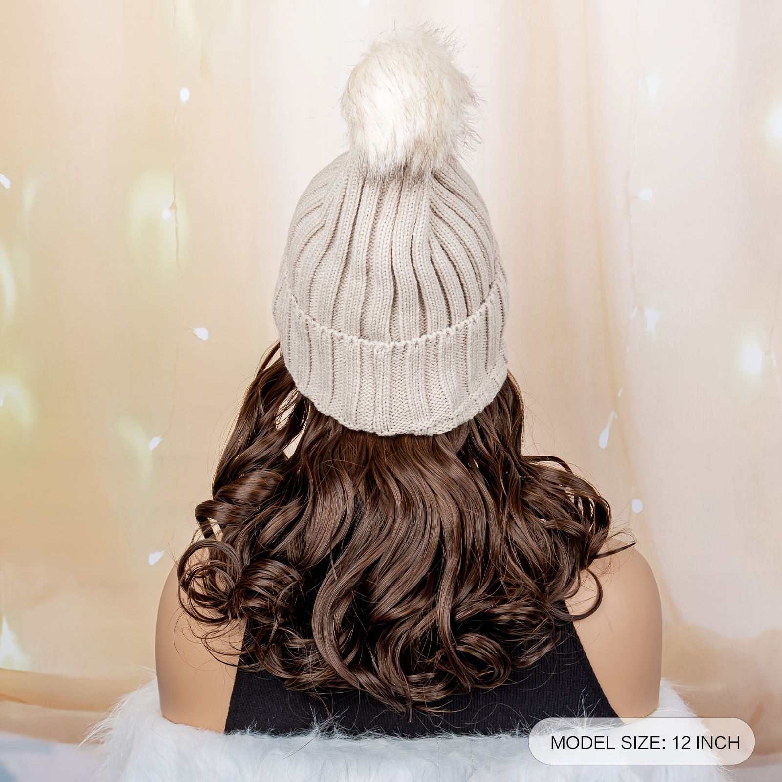 Femmes Bonnet de bonnet avec cheveux Postiche synthétique attaché Pom  capuchon tricoté chaud14inch long ondulé Extensions de cheveux bouclés