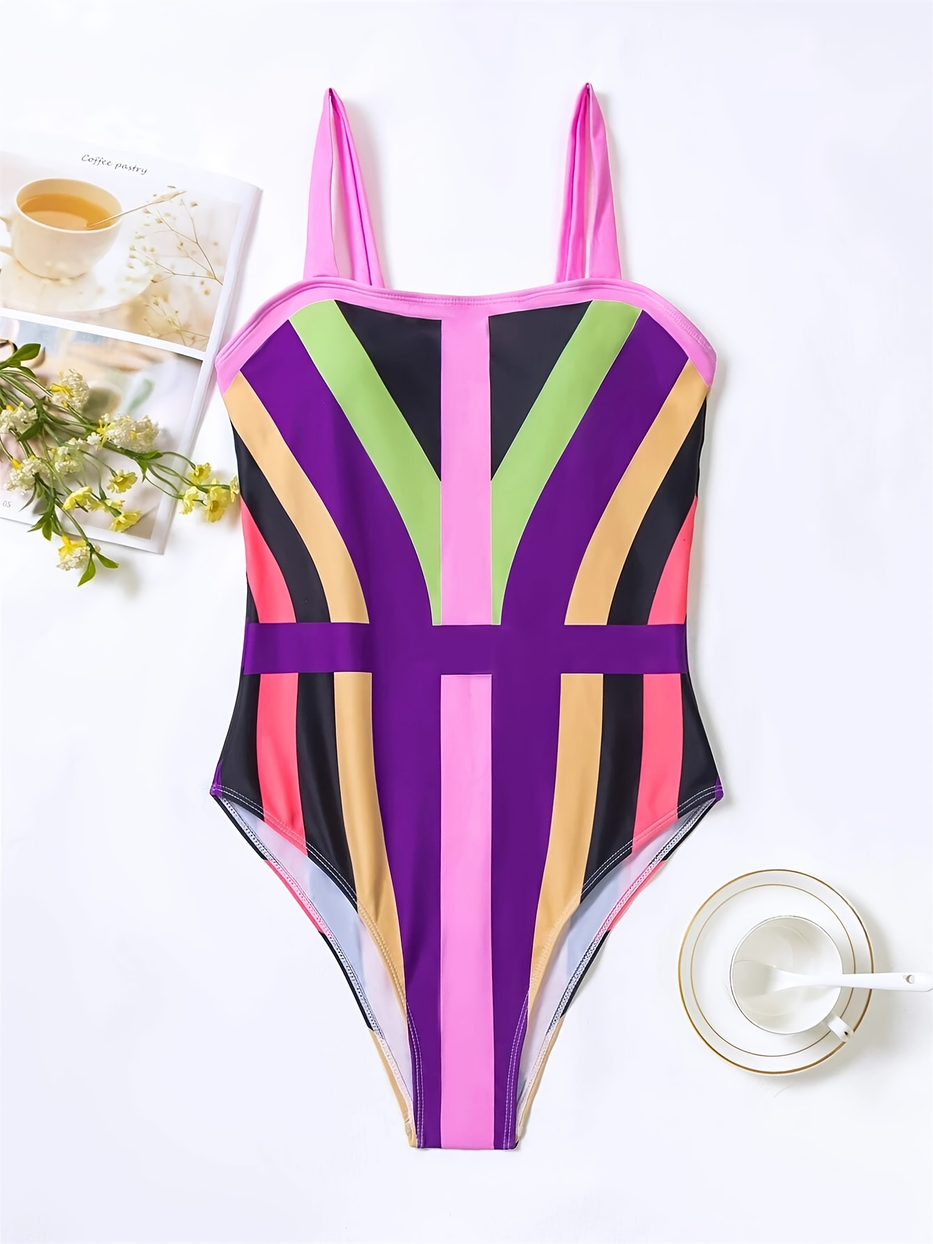 Random Print Square Neck Bathing Suit Tummy Control High Cut - Temu