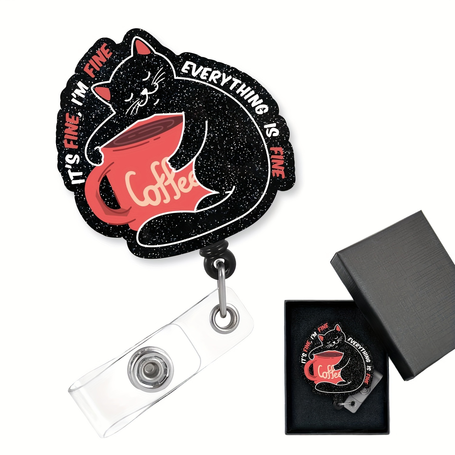 1 cute kitten coffee badge holder, ID card holder, key ring retractable and  swiveling badge reel for nurses, doctors, offices, teachers and students