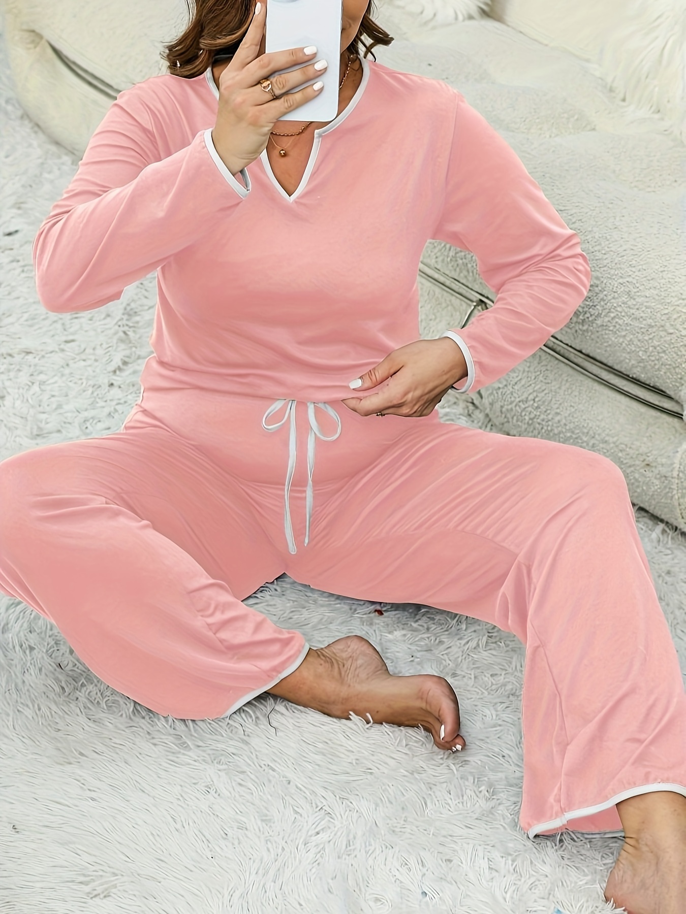 Plus Size Elegant Pajama Set Women's Plus Contrast Trim Long - Temu