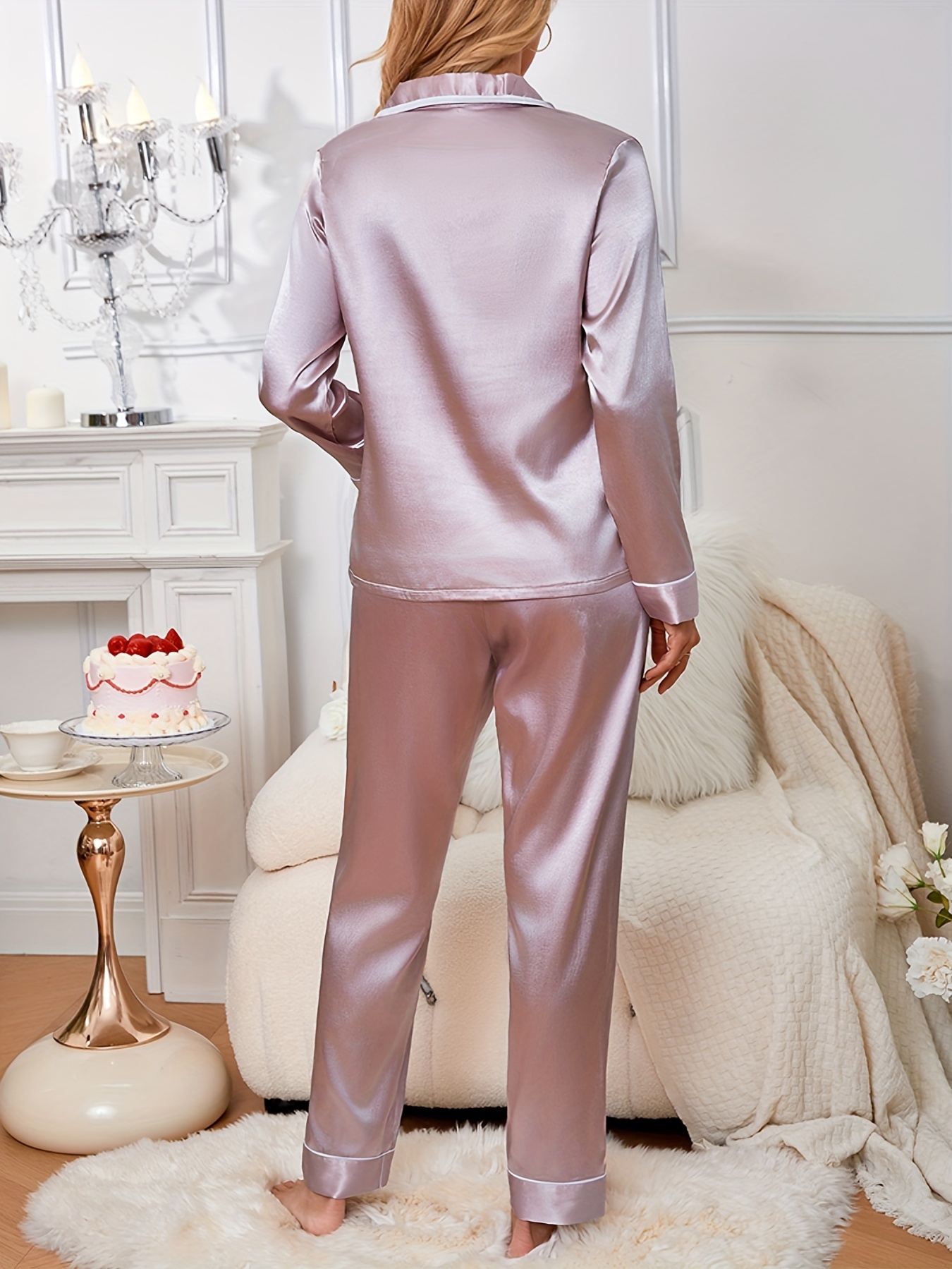 Solid Satin Pajama Set, Comfy Long Sleeve Pocket Button Up Top & Elastic  Waistband Pants, Women's Sleepwear & Loungewear