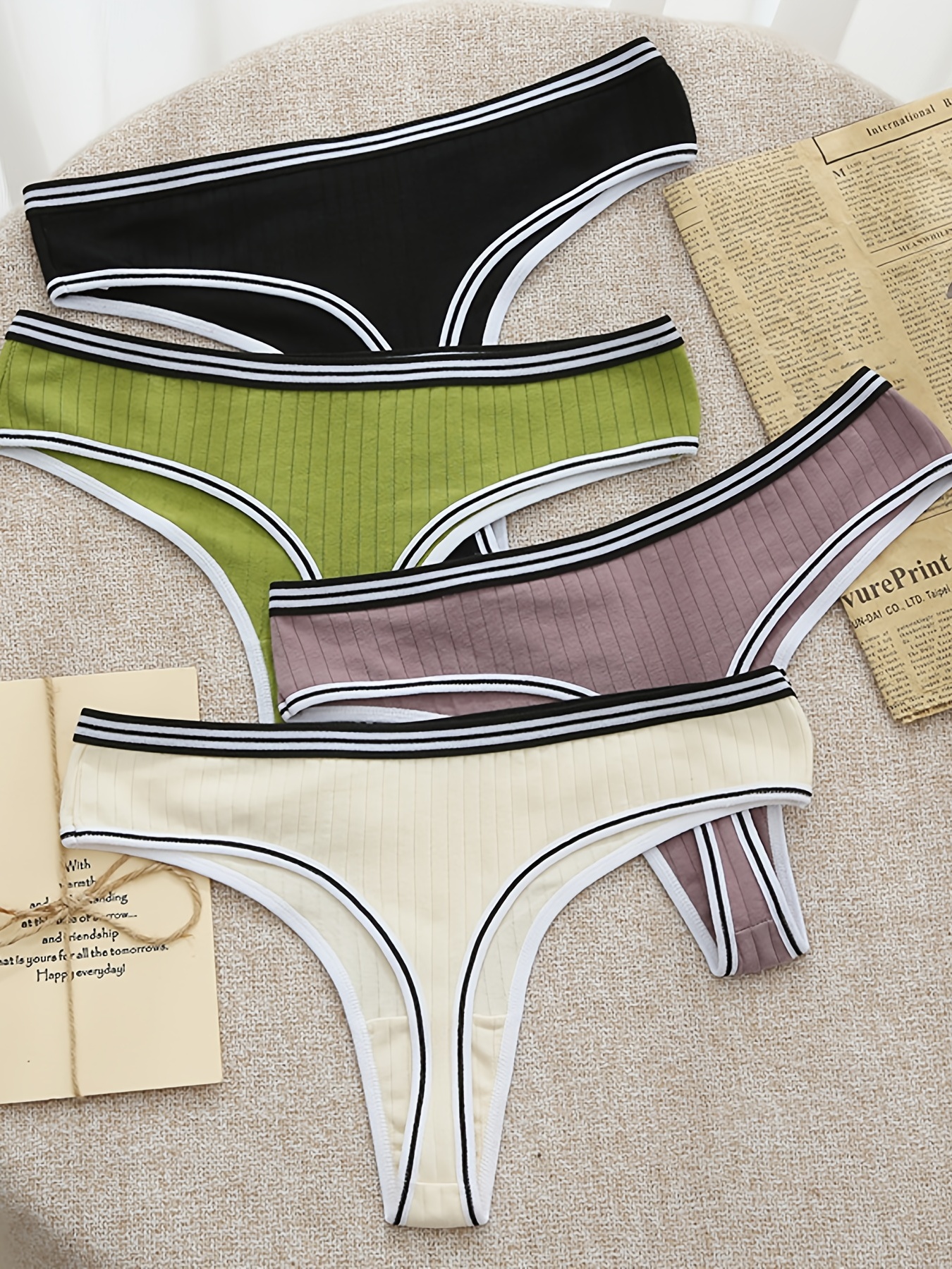 Sports Soft Thongs Striped Trim Ribbed Panties Women's - Temu