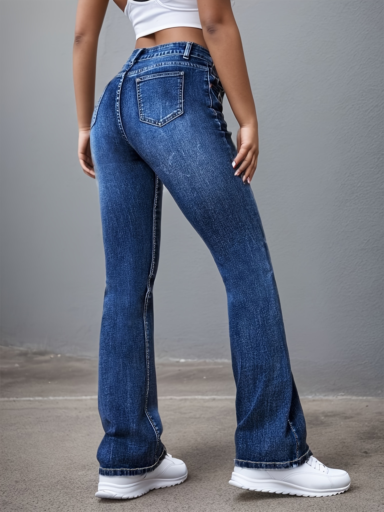 blue water ripple embossed flare jeans, high waist high stretch washed denim trousers, women's denim jeans & clothing deep blue 3