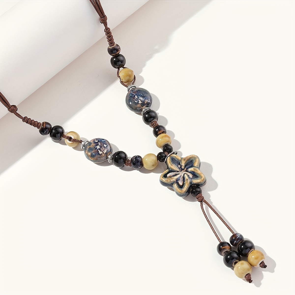 

A Women's Bohemian Beaded Ceramic Necklace Adjustable Length Chinese Style Necklace