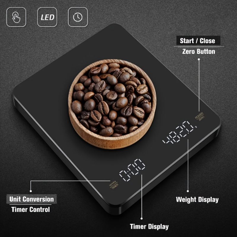 Báscula de cocina 1 pieza (negra) 5 kg/0,1 G negra, báscula de café digital  con temporizador, báscula de café LCD alta para barista, báscula de café  con tazón, función de tara y