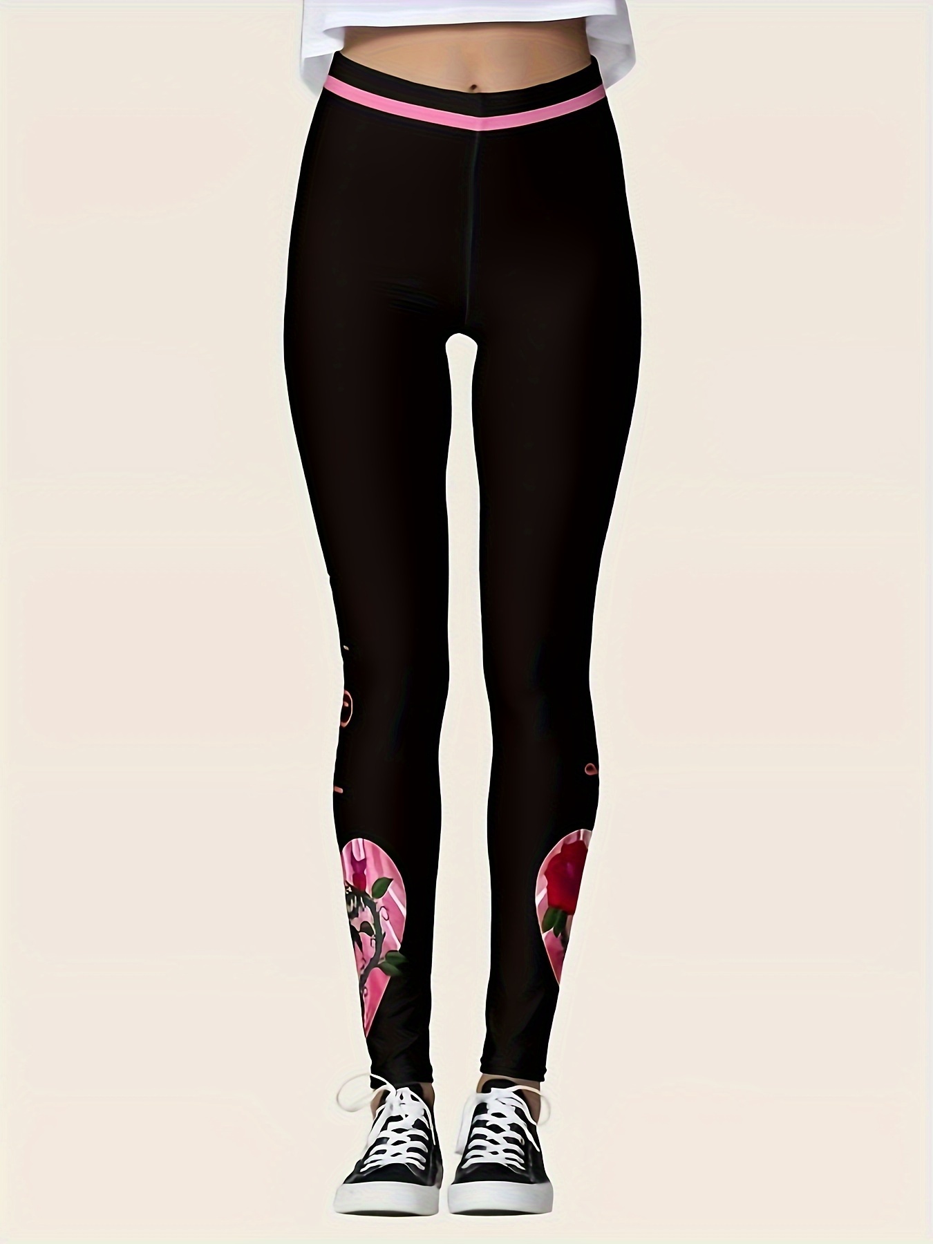 Heart Floral Print Skinny Leggings Casual Every Day Stretchy - Temu